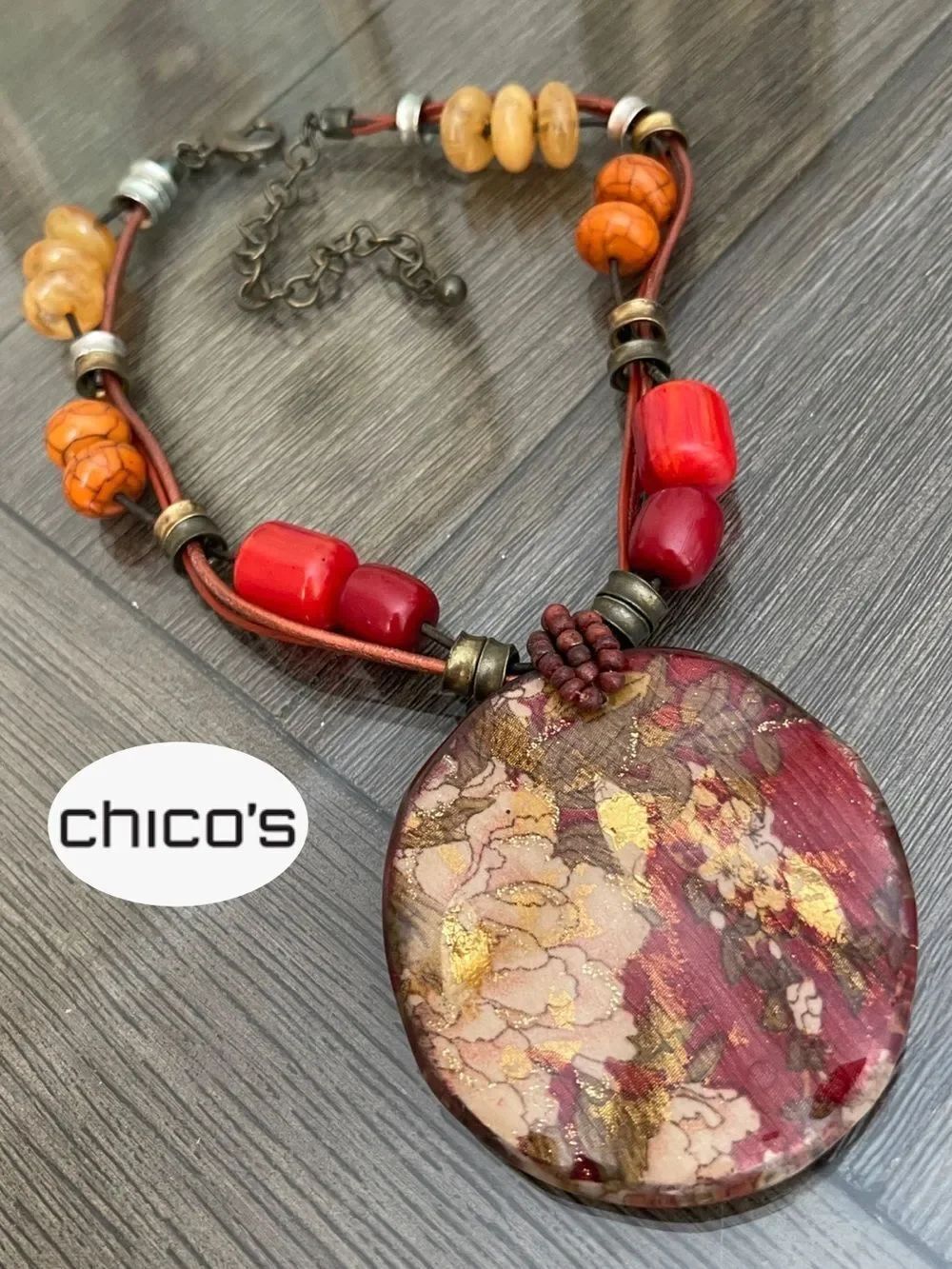 Chico’s Bold Beaded - Corded Statement Necklace with Large Resin Floral Pendant